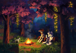 Size: 2138x1500 | Tagged: safe, artist:koviry, derpibooru import, oc, oc only, oc:eula phi, oc:vird-gi, cat, pony, unicorn, blue eyes, braid, braided ponytail, braided tail, brown mane, brown tail, campfire, cherry blossoms, chest fluff, colored pinnae, colored underhoof, commission, cream coat, crossed hooves, detailed background, digital painting, duo, duo female, ears, eyelashes, female, fire, floppy ears, flower, flower blossom, forest, glow berries, green eyes, hair tie, horn, lidded eyes, log, long mane, long tail, looking at each other, looking at someone, mane tie, mare, minecarft, minecraft, nature, night, open mouth, open smile, outdoors, ponytail, profile, sitting, sitting like a human, slender, smiling, smiling at each other, tail, tail tie, thin, three quarter view, tree, underhoof, unicorn horn, unicorn oc, white mane, white tail