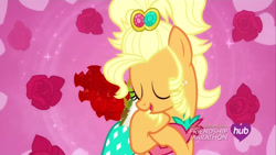 Size: 1280x720 | Tagged: safe, derpibooru import, screencap, applejack, earth pony, pony, g4, simple ways, applejewel, female, flower, hub logo, logo, mare, my little pony: friendship is magic, rose, solo, the hub