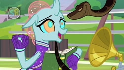 Size: 1280x720 | Tagged: safe, artist:scornedremnant, derpibooru import, edit, edited screencap, screencap, ocellus, changeling, snake, 2 4 6 greaaat, g4, book, cheerleader, cheerleader outfit, clothes, cute, diaocelles, hypno eyes, hypnosis, hypnotized, kaa, kaa eyes, looking at each other, looking at someone, my little pony: friendship is magic, open mouth, open smile, outdoors, pom pom, smiling, smiling at each other, snake tail, tail