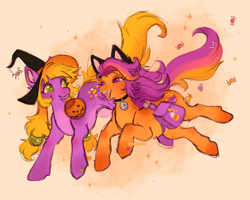 Size: 2048x1638 | Tagged: safe, artist:madisockz, derpibooru import, abra-ca-dabra, earth pony, pony, g3, alternate design, alternate hairstyle, alternate mane color, alternate tail color, bag, bell, bell collar, blonde, blonde tail, candy, cat ears, clothes, collar, colored belly, colored pinnae, colored pupils, colored sketch, costume, countershading, duo, duo female, eyelashes, fake ears, fangs, female, food, gradient background, gradient legs, green eyes, green pupils, hair tie, halloween, halloween 2024, halloween costume, hat, heart, heart eyes, heart mark, holiday, looking at each other, looking at someone, mare, open mouth, open smile, orange coat, pale belly, pigtails, pumpkin tart, purple coat, purple eyes, purple mane, purple pupils, running, saddle bag, sketch, smiling, smiling at each other, tail, three quarter view, three toned mane, three toned tail, tied mane, wingding eyes, witch hat