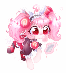 Size: 1868x2048 | Tagged: safe, artist:madisockz, derpibooru import, oc, oc only, oc:pinterest-chan, pony, unicorn, ahoge, bipedal, blowing bubblegum, blush lines, blushing, bubblegum, cat ears, cellphone, chibi, clothes, collar, colored eyebrows, colored pupils, eyebrows, eyebrows visible through hair, eyelashes, eyeshadow, fake ears, female, female oc, food, frilly skirt, glowing, glowing horn, gum, hair accessory, heart, heart eyes, horn, logo, looking at something, looking down, magic, maid, maid headdress, makeup, mane accessory, mare, mare oc, phone, pigtails, pink coat, pink eyeshadow, pink magic, pink mane, pinterest, ponified, ponified oc, red eyes, red pupils, red skirt, shiny eyes, shiny mane, signature, skirt, smartphone, socks, solo, sparkles, sparkly eyes, species swap, stars, striped socks, three quarter view, tied mane, unicorn horn, unicorn oc, wingding eyes