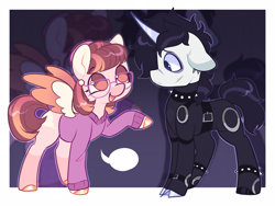 Size: 2433x1831 | Tagged: safe, artist:moccabliss, derpibooru import, pegasus, pony, unicorn, clothes, edward scissorhands, glasses, horn, passepartout, peg boggs, ponified, species swap, sweater