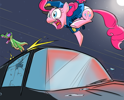 Size: 1299x1045 | Tagged: artist needed, safe, color edit, derpibooru import, edit, gummy, pinkie pie, alligator, earth pony, g4, broken glass, car, chase, colored, drawthread, duo, fleeing, gunshot, open mouth, police, police officer, police pony, requested art