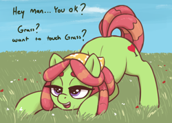 Size: 2100x1500 | Tagged: safe, artist:t72b, derpibooru import, tree hugger, earth pony, pony, g4, ass up, bandana, boobs? wanna touch boobs?, cute, face down ass up, female, grass, lidded eyes, mare, meme, open mouth, outdoors, smiling, solo, talking to viewer, touch grass