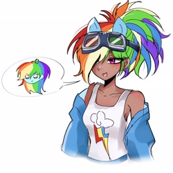 Size: 2280x2280 | Tagged: safe, artist:pulse, derpibooru import, rainbow dash, human, g4, :d, clothes, collarbone, cute, cutie mark on clothes, dashabetes, eared humanization, eye clipping through hair, female, goggles, goggles on head, hair over one eye, humanized, jacket, kotobukiya, kotobukiya rainbow dash, off shoulder, open mouth, open smile, ponytail, simple background, smiling, solo, speech bubble, tan skin, tanktop, white background