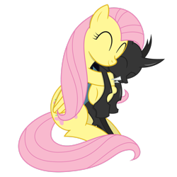 Size: 2449x2449 | Tagged: safe, artist:xyotic, derpibooru import, fluttershy, changeling, pegasus, pony, g4, ^^, cuddling, cute, cuteling, duo, eyes closed, female, hug, mare, shyabetes, simple background, smiling, snuggling, spooning, transparent background, vector