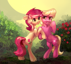 Size: 2583x2322 | Tagged: safe, artist:share dast, derpibooru import, lily, lily valley, roseluck, earth pony, pony, g4, bipedal, duo, duo female, female, flower, mare, rearing, rose