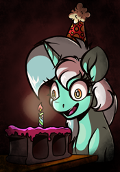 Size: 2049x2927 | Tagged: safe, artist:witchtaunter, derpibooru import, lyra heartstrings, pony, unicorn, g4, birthday, birthday candles, brick, cake, candle, cinder block, concrete, crying inside, dead stare, faic, female, food, happy birthday, happy birthday to me, hat, horn, insanity, lonely, mare, party hat, sad, smiling, solo, this will end in broken teeth