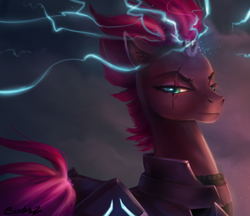 Size: 2632x2278 | Tagged: safe, artist:seadraz, derpibooru import, tempest shadow, pony, g4, my little pony: the movie, armor, broken horn, electricity, electricity magic, eye scar, facial scar, female, glowing, glowing horn, horn, magic, mare, profile, scar, signature, solo, sparking horn