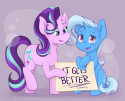 Size: 2721x2204 | Tagged: safe, artist:midnightpremiere, derpibooru import, starlight glimmer, trixie, pony, unicorn, g4, commission, cute, diatrixes, duo, female, glimmerbetes, horn, it gets better, looking at you, mare, positive ponies, sign, sweet dreams fuel