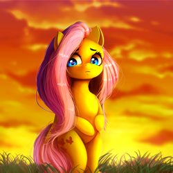 Size: 2449x2449 | Tagged: safe, artist:miokomata, derpibooru import, fluttershy, pegasus, pony, g4, beautiful, bipedal, cloud, cloudy, cute, detailed hair, female, freckles, frown, grass, hind legs, legs together, looking away, looking down, mare, outdoors, shy, shyabetes, solo, standing, sunset