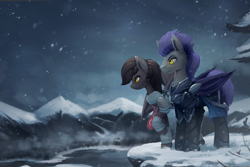 Size: 3903x2600 | Tagged: safe, artist:rodrigues404, derpibooru import, oc, oc only, oc:helios aster, oc:tuya, bat pony, pony, armor, bandage, bat pony oc, commission, night guard, raised hoof, raised leg, scenery, snow