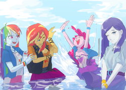 Size: 2905x2064 | Tagged: safe, artist:amazingpuffhair, derpibooru import, pinkie pie, rainbow dash, rarity, sunset shimmer, human, better together, equestria girls, g4, bracelet, clothes, commission, female, geode of empathy, geode of shielding, geode of sugar bombs, geode of super speed, jewelry, magical geodes, skirt, splash, splashing, water, wet, wet boots, wet clothes, wet hair