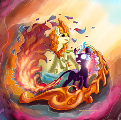 Size: 2465x2433 | Tagged: safe, artist:eriadu, derpibooru import, autumn blaze, kirin, nirik, g4, sounds of silence, duality, female, glowing, glowing eyes, mane of fire, my little pony: friendship is magic