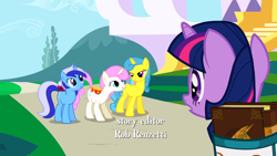 Size: 1920x1080 | Tagged: safe, derpibooru import, screencap, lemon hearts, minuette, twilight sparkle, twinkleshine, unicorn twilight, pony, unicorn, friendship is magic, g4, bag, book, book of harmony, female, horn, mare, my little pony: friendship is magic, opening credits, saddle bag