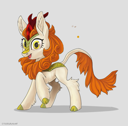 Size: 1909x1875 | Tagged: safe, artist:decepticoncyberwolf, derpibooru import, autumn blaze, kirin, g4, ear fluff, ears, female, gray background, leg fluff, looking at you, open mouth, simple background, solo