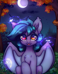 Size: 2414x3083 | Tagged: safe, artist:radioaxi, derpibooru import, oc, oc only, oc:scrimmy, bat pony, butterfly, pony, :p, bat pony oc, bat wings, crescent moon, fangs, high res, looking at you, male, moon, night, night sky, sky, smiling, smiling at you, solo, stallion, stars, tongue, tongue out, tree, wings