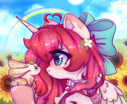 Size: 3823x3139 | Tagged: safe, artist:radioaxi, derpibooru import, oc, oc only, oc:nokori, oc:nokori light, alicorn, pony, rabbit, alicorn oc, animal, bow, female, flower, hair bow, high res, horn, looking at something, mare, outdoors, partially open wings, rainbow, solo, sunflower, wings