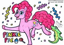 Size: 3224x2300 | Tagged: safe, artist:artistnjc, derpibooru import, gummy, pinkie pie, alligator, earth pony, pony, g4, biting, candy, confetti, cupcake, food, lollipop, looking at you, signature, simple background, smiling, smiling at you, solo, standing, standing on one leg, streamers, text, traditional art, wide smile