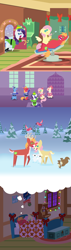 Size: 2160x7560 | Tagged: safe, anonymous artist, derpibooru import, big macintosh, fluttershy, rarity, toe-tapper, torch song, bird, deer, earth pony, pegasus, pony, rabbit, reindeer, squirrel, unicorn, series:fm holidays, series:hearth's warming advent calendar 2024, g4, absurd resolution, advent calendar, all just a dream, alternate hairstyle, angry, animal, bed, bow, buck, chair, christmas, clothes, coat, conductor's baton, deerified, dentist chair, dentistry, doe, dress, ears, elf costume, elf hat, fake beard, female, floppy ears, flutterdeer, fluttermac, fluttershy's bedroom, fluttershy's cottage, flying, group, hair bow, hat, holiday, hoof hold, horn, in bed, indoors, lineless, looking at each other, looking at someone, male, mare, meme, nuzzling, open mouth, open smile, outdoors, pointy ponies, ponytones, red nose, reindeerified, rudolph the red nosed reindeer, shipping, short mane, singing, sitting, sleeping, smiling, smiling at each other, snow, snowfall, species swap, stallion, straight, thought bubble, why weren't you at elf practice?, winter