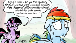 Size: 1200x675 | Tagged: safe, artist:pony-berserker, derpibooru import, rainbow dash, twilight sparkle, twilight sparkle (alicorn), alicorn, pony-berserker's twitter sketches, g4, history of griffonstone, implied arimaspi, implied books, implied griffons, implied griffonstone, implied library, pony-berserker's twitter sketches (2024)