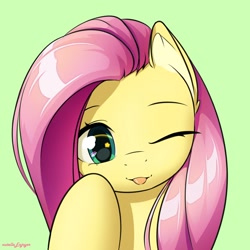 Size: 1500x1500 | Tagged: safe, artist:nutellaenjoyer, derpibooru import, fluttershy, pegasus, pony, g4, :p, cute, female, green background, looking at you, mare, one eye closed, shyabetes, simple background, solo, starry eyes, tongue, tongue out, wingding eyes, wink, winking at you