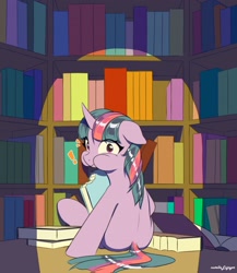 Size: 2427x2800 | Tagged: safe, artist:nutellaenjoyer, derpibooru import, twilight sparkle, unicorn twilight, pony, unicorn, g4, bibliovore, book, bookshelf, caught, ears, eating, emanata, exclamation point, female, floppy ears, horn, indoors, library, looking at you, looking back, looking back at you, mare, pica, puffy cheeks, sitting, solo, spine, that pony sure does love books