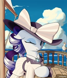 Size: 1043x1199 | Tagged: safe, artist:nutellaenjoyer, derpibooru import, rarity, bird, pony, seagull, unicorn, g4, ppov, 1910s, 20th century, blouse, boat, bow, clothes, cloud, cravat, ears, female, floppy ears, giant hat, glowing, glowing eyes, hat, horn, looking at you, mare, my little pony: friendship is magic, ocean, one eye closed, raised hoof, raised leg, raristocrat, rose dewitt bukater, sailboat, smiling, solo, titanic, water, wink, winking at you