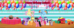 Size: 2608x1000 | Tagged: safe, artist:lizzmcclin, derpibooru import, applejack, fluttershy, pinkie pie, rainbow dash, rarity, spike, twilight sparkle, twilight sparkle (alicorn), oc, oc:aaliyah, alicorn, dragon, earth pony, pegasus, pony, g4, alicorn oc, balloon, birthday cake, cake, female, food, happy birthday, horn, male, mane six, mare, present, wings