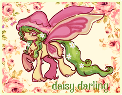 Size: 820x641 | Tagged: safe, artist:junniepiepoopop, derpibooru import, oc, oc only, oc:daisy darling, butterfly, hybrid, original species, pony, adoptable, bangs, blushing, butt fluff, butterfly pony, butterfly wings, chest fluff, colored hooves, colored wings, concave belly, cream coat, daisy (flower), eye clipping through hair, eyelashes, fairy, fairy pony, female, female oc, flower, flower in hair, flower in tail, green mane, green tail, green text, hat, hock fluff, hoof fluff, hooves, long mane, long tail, looking at you, mare, mushroom hat, pink eyelashes, pink eyes, pink hooves, pink wings, shiny hooves, smiling, smiling at you, standing, standing on three hooves, tail, two toned wings, unshorn fetlocks, wings, yellow coat