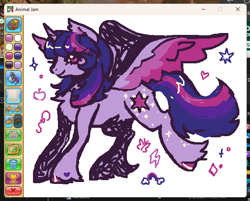 Size: 660x530 | Tagged: safe, artist:junniepiepoopop, derpibooru import, twilight sparkle, twilight sparkle (alicorn), alicorn, pony, g4, animal jam, art program in frame, bangs, cascading cutie mark, colored hooves, colored wings, colored wingtips, ear fluff, ears, eye clipping through hair, eyelashes, female, fetlock tuft, heart, heart mark, hooves, horn, mare, profile, purple eyes, purple hooves, purple wingtips, raised leg, shiny hooves, shiny mane, shiny tail, smiling, sparkles, spread wings, standing, standing on three hooves, stars, straight mane, straight tail, three toned mane, three toned tail, three toned wings, unicorn horn, wings