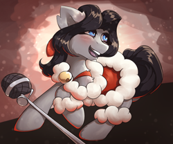 Size: 2400x2000 | Tagged: safe, artist:princess_rari, derpibooru import, oc, oc only, oc:sinnie, earth pony, equestria at war mod, bell, blue eyes, blushing, bow, christmas, clothes, crossdressing, dress, gray fur, hair bow, holiday, male, microphone, open mouth, smiling, solo