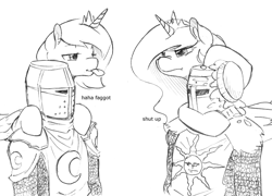 Size: 1280x920 | Tagged: safe, derpibooru import, princess celestia, princess luna, oc, oc:lunaire, human, pony, g4, armor, dark souls, faggot, female, food, grayscale, group, implied anon, knight, looking at each other, looking at someone, mare, monochrome, pencil drawing, pie, ponies riding humans, quartet, riding, royal sisters, s1 luna, sibling rivalry, siblings, sisters, slur, solaire of astora, tongue, tongue out, traditional art, vulgar, young celestia, young luna