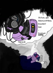 Size: 850x1169 | Tagged: safe, artist:sethturner, derpibooru import, twilight sparkle, pony, unicorn, g4, 2011, crossover, dream, glados, horn, old art, portal (valve)