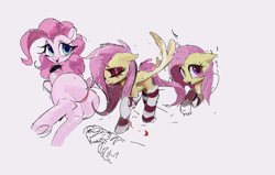 Size: 988x630 | Tagged: safe, anonymous artist, derpibooru import, fluttershy, pinkie pie, earth pony, fish, pegasus, pony, g4, balloonbutt, blushing, bone, butt, clothes, dock, duo, eyes closed, fangs, female, mare, open mouth, plot, socks, striped socks, tail, underhoof