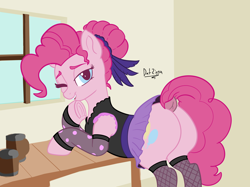 Size: 3644x2731 | Tagged: safe, artist:datzigga, derpibooru import, pinkie pie, earth pony, pony, g4, alternate hairstyle, balloonbutt, bedroom eyes, bipedal, butt, clothes, dock, dress, female, fishnet clothing, fishnet stockings, looking at you, looking back, looking back at you, mare, one eye closed, plot, ponytail, saloon dress, saloon pinkie, signature, smiling, solo, stockings, tail, thigh highs, underhoof, window, wink