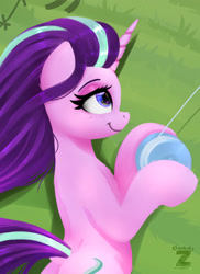 Size: 1401x1929 | Tagged: safe, artist:darksly, derpibooru import, starlight glimmer, pony, unicorn, g4, body pillow, butt, commission, dock, female, glimmer glutes, horn, kite, kite flying, kite string, lidded eyes, lying down, mare, on side, plot, smiling, solo, tail, that pony sure does love kites, windswept mane