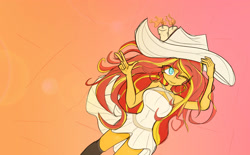 Size: 3000x1860 | Tagged: safe, artist:willowcatkin, derpibooru import, sunset shimmer, equestria girls, g4, bare shoulders, breasts, candle, cowboy hat, hat, solo, white dress