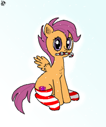 Size: 1000x1200 | Tagged: safe, artist:dkwzurt, derpibooru import, scootaloo, pegasus, pony, g4, candy, candy cane, chest fluff, clothes, food, looking at you, simple background, snow, socks, solo