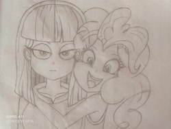 Size: 4000x3000 | Tagged: safe, artist:siduyi, derpibooru import, maud pie, pinkie pie, human, equestria girls, g4, duo, female, grayscale, happy, hug, looking at you, monochrome, pencil drawing, pie sisters, siblings, sisters, smiling, smiling at you, traditional art