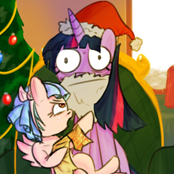 Size: 2000x2000 | Tagged: safe, artist:peni_sarter, derpibooru import, cozy glow, twilight sparkle, pegasus, pony, unicorn, g4, angry, cabin, christmas, christmas tree, clothes, costume, duo, duo female, fake beard, female, filly, foal, hat, holiday, horn, list, looking at you, looking up, my little pony: friendship is magic, pure concentrated unfiltered evil of the utmost potency, pure unfiltered evil, santa costume, santa hat, sofa, spread wings, tree, wings