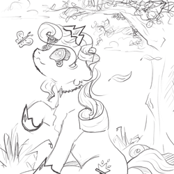 Size: 1564x1564 | Tagged: safe, artist:cyberpixel44, derpibooru import, oc, oc only, butterfly, earth pony, pony, g4, belly, belly button, chest fluff, clothes, cloud, curly hair, curly mane, curly tail, cute, doodle, falling leaves, female, grass, jewelry, leaves, mare, necklace, outdoors, raised hoof, raised leg, regalia, shoes, sitting, smiling, solo, tail, tiara, tree