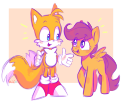 Size: 757x631 | Tagged: safe, artist:archieboop2, derpibooru import, scootaloo, anthro, fox, pegasus, pony, g4, blushing, duo, duo male and female, emanata, female, looking at each other, looking at someone, male, miles "tails" prower, mobian, open mouth, open smile, passepartout, smiling, sonic the hedgehog (series), spread wings, wings