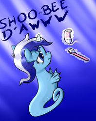 Size: 1500x1900 | Tagged: safe, alternate version, artist:osakaoji, derpibooru import, minuette, sea pony, unicorn, g4, brushie, crepuscular rays, female, fins, flowing mane, frown, horn, magic, mare, nose wrinkle, ocean, sad, seaponified, seaweed, shoo be doo, solo, species swap, sunlight, telekinesis, toothbrush, toothpaste, underwater, water