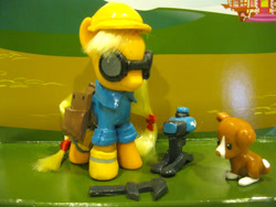 Size: 700x525 | Tagged: safe, derpibooru import, applejack, winona, dog, earth pony, pony, g4, clothes, crossover, customized toy, engiejack, engineer, goggles, hard hat, hat, irl, photo, sentry, team fortress 2, toy, wrench