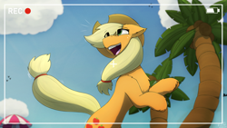 Size: 4269x2400 | Tagged: safe, artist:monycaalot, derpibooru import, applejack, earth pony, art pack:beach day paradise, g4, beach umbrella, camera shot, cloud, female, happy, looking up, palm tree, smiling, solo, tree