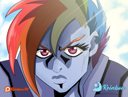 Size: 5300x4000 | Tagged: safe, artist:reinbou, derpibooru import, rainbow dash, human, equestria girls, g4, the cutie re-mark, alternate hairstyle, alternate timeline, alternate universe, crystal war timeline, female, jojo reference, jojo's bizarre adventure, my little pony: friendship is magic, solo