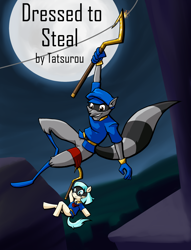 Size: 1464x1916 | Tagged: safe, artist:pokefangirl491, derpibooru import, anthro, earth pony, pony, raccoon, crossover, duo, fanfic, fanfic art, fanfic cover, female, full moon, male, mare, mask, moon, night, sly cooper