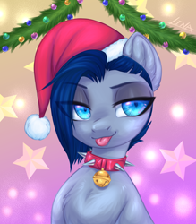 Size: 1230x1402 | Tagged: safe, artist:lina, derpibooru import, oc, oc only, oc:lina, oc:lina firesoul, earth pony, :p, abstract background, bedroom eyes, bust, choker, christmas, eyeshadow, female, happy new year, hat, holiday, jingle bells, looking at you, makeup, mare, portrait, santa hat, solo, spiked choker, tongue, tongue out