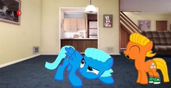 Size: 3149x1625 | Tagged: safe, artist:memeartboi, derpibooru import, oc, earth pony, pegasus, pony, g4, behaving like a cat, best friends, bff, brothers, cat boy, clothes, colt, darwin watterson, determined, determined look, dining room, dot, duo, duo male, eyes closed, foal, gumball watterson, having fun, indoors, laser pointer, living room, male, pegasus wings, ponified, red dot, siblings, socks, species swap, spread wings, standing, the amazing world of gumball, wings